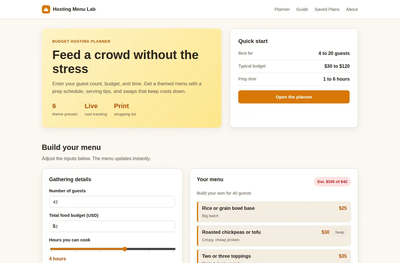 Screenshot of Budget Friendly Hosting Menu Lab interface showing the project page in use